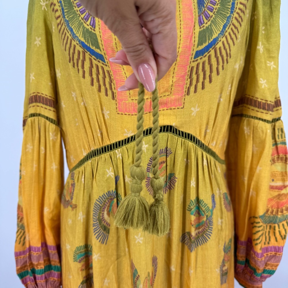 Farm Rio Yellow Ombre Bird Print Metallic Lurex Maxi Dress Womens Medium Boho - Picture 6 of 16